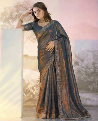 Grey fandy satin heavy diamond work saree for women wedding wear 1