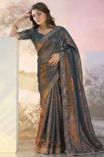 Grey fandy satin heavy diamond work saree for women wedding wear