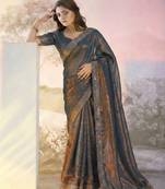 Grey fandy satin heavy diamond work saree for women wedding wear