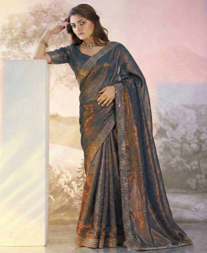 Grey fandy satin heavy diamond work saree for women wedding wear