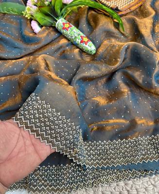 Grey fandy satin heavy diamond work saree for women wedding wear 3