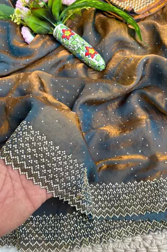 Grey fandy satin heavy diamond work saree for women wedding wear