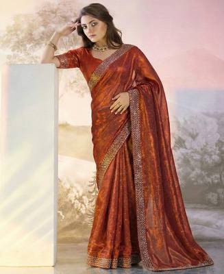Red fandy satin heavy diamond work saree for women wedding wear 1