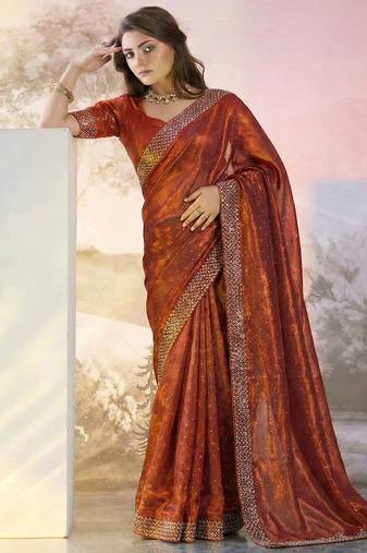 Red fandy satin heavy diamond work saree for women wedding wear