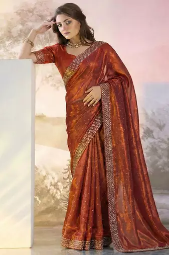 Red fandy satin heavy diamond work saree for women wedding wear