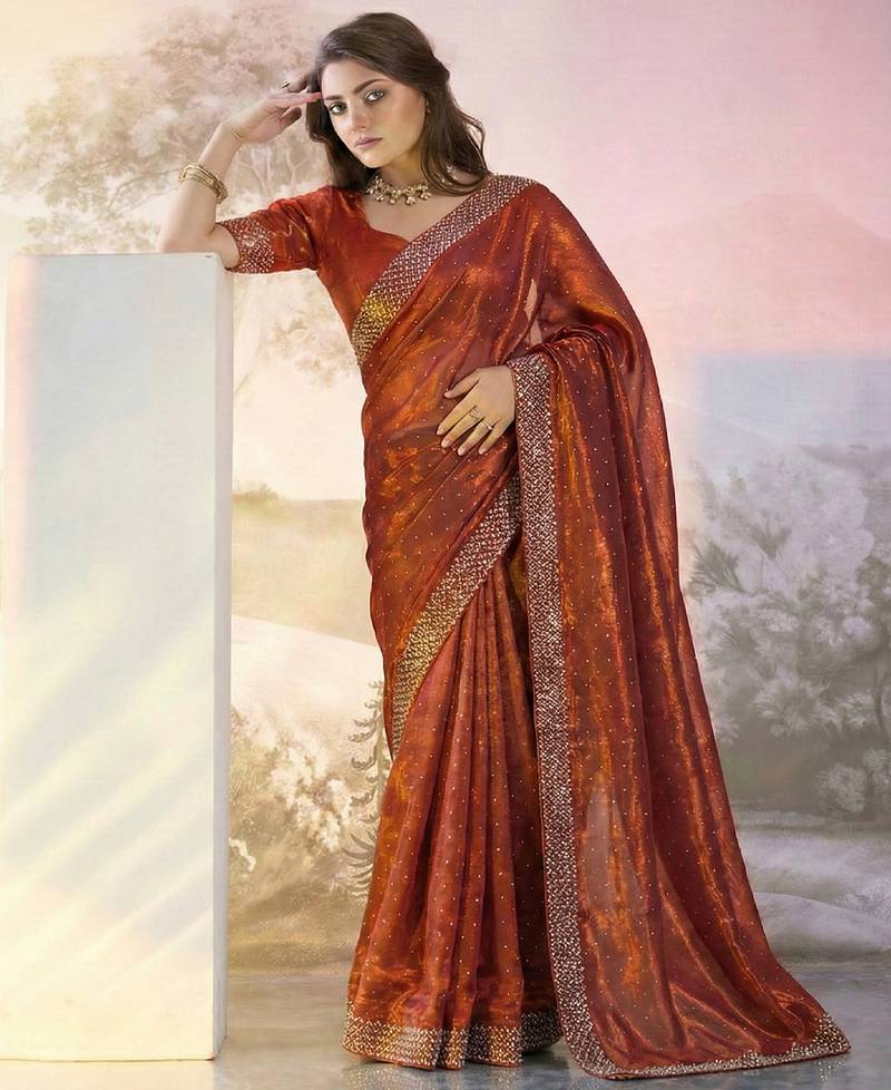 Red fandy satin heavy diamond work saree for women wedding wear