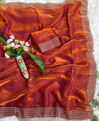 Red fandy satin heavy diamond work saree for women wedding wear 2