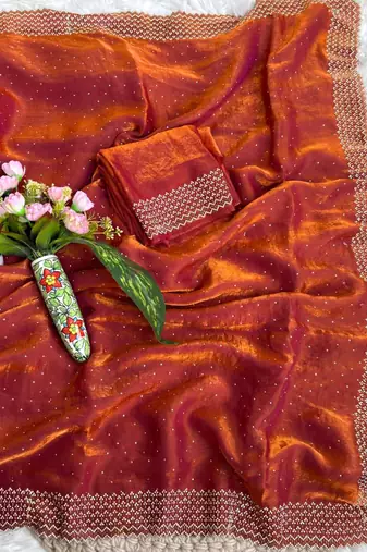Red fandy satin heavy diamond work saree for women wedding wear
