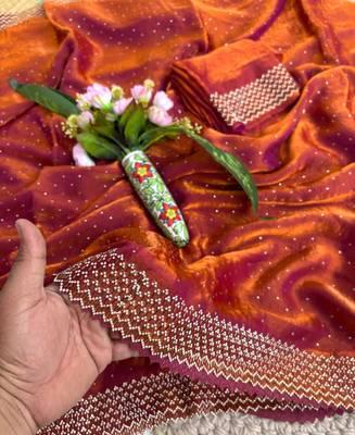 Red fandy satin heavy diamond work saree for women wedding wear 3