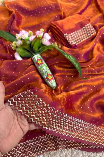 Red fandy satin heavy diamond work saree for women wedding wear