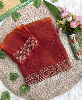 Red fandy satin heavy diamond work saree for women wedding wear 4
