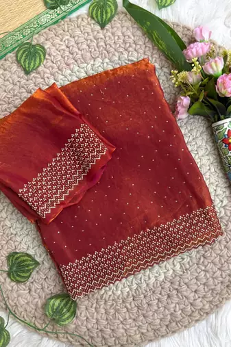 Red fandy satin heavy diamond work saree for women wedding wear