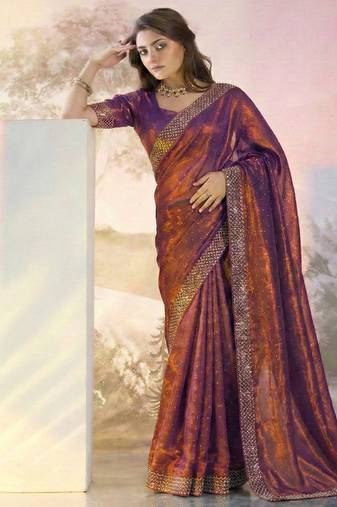 Lilac fandy satin heavy diamond work saree for women wedding wear