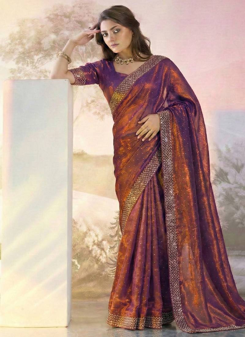 Lilac fandy satin heavy diamond work saree for women wedding wear