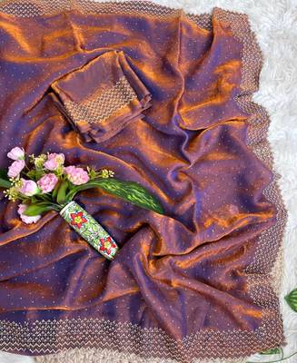 Lilac fandy satin heavy diamond work saree for women wedding wear 2