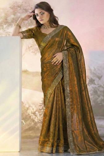 Mustard fandy satin heavy diamond work saree for women wedding wear