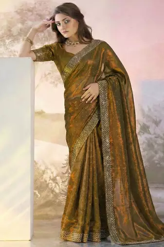 Mustard fandy satin heavy diamond work saree for women wedding wear