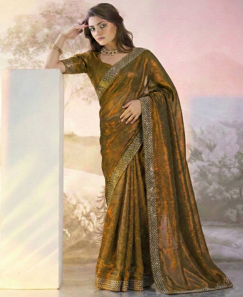 Mustard fandy satin heavy diamond work saree for women wedding wear