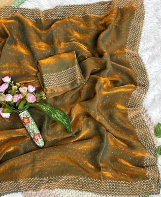 Mustard fandy satin heavy diamond work saree for women wedding wear 2
