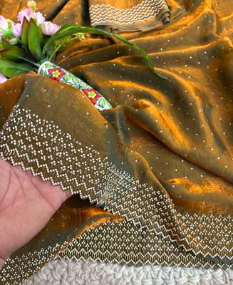 Mustard fandy satin heavy diamond work saree for women wedding wear 3