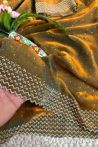 Mustard fandy satin heavy diamond work saree for women wedding wear