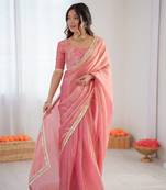 Pink Color Sequin Embroidery Work Fendy Silk  Saree