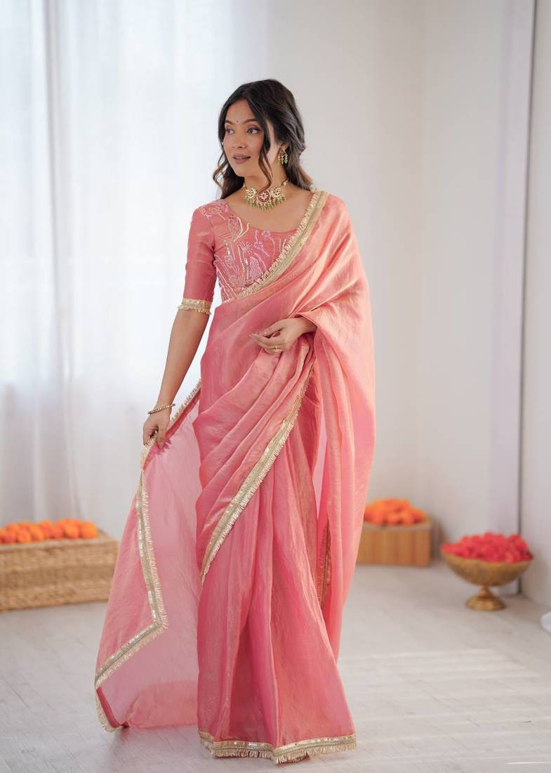 Pink Color Sequin Embroidery Work Fendy Silk  Saree