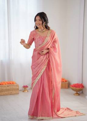 Pink Color Sequin Embroidery Work Fendy Silk  Saree 2