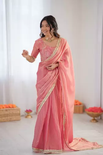 Pink Color Sequin Embroidery Work Fendy Silk  Saree