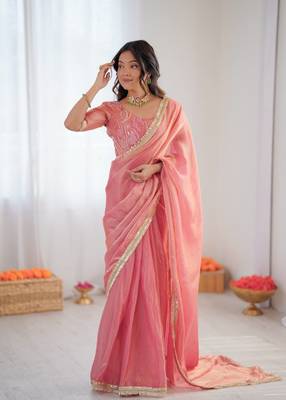 Pink Color Sequin Embroidery Work Fendy Silk  Saree 3