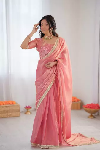 Pink Color Sequin Embroidery Work Fendy Silk  Saree