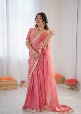 Pink Color Sequin Embroidery Work Fendy Silk  Saree 4
