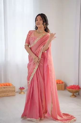 Pink Color Sequin Embroidery Work Fendy Silk  Saree