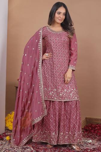 Peach chinon silk party wear embroidery sharara    suit set