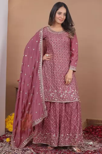 Peach chinon silk party wear embroidery sharara    suit set