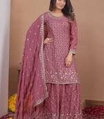 Peach chinon silk party wear embroidery sharara    suit set