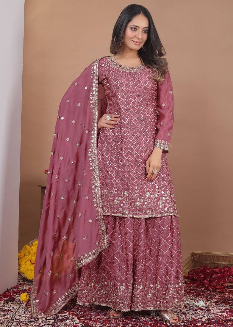 Peach chinon silk party wear embroidery sharara    suit set