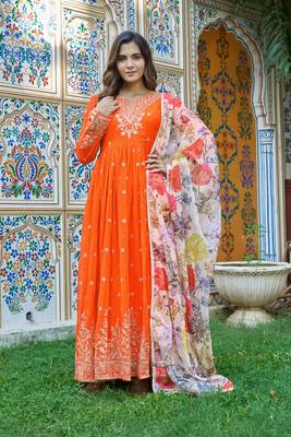 Orange Color Thred With Sequnce Work Georgette Gown Set 1