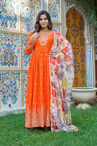 Orange Color Thred With Sequnce Work Georgette Gown Set