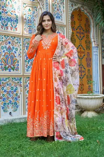 Orange Color Thred With Sequnce Work Georgette Gown Set