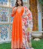 Orange Color Thred With Sequnce Work Georgette Gown Set