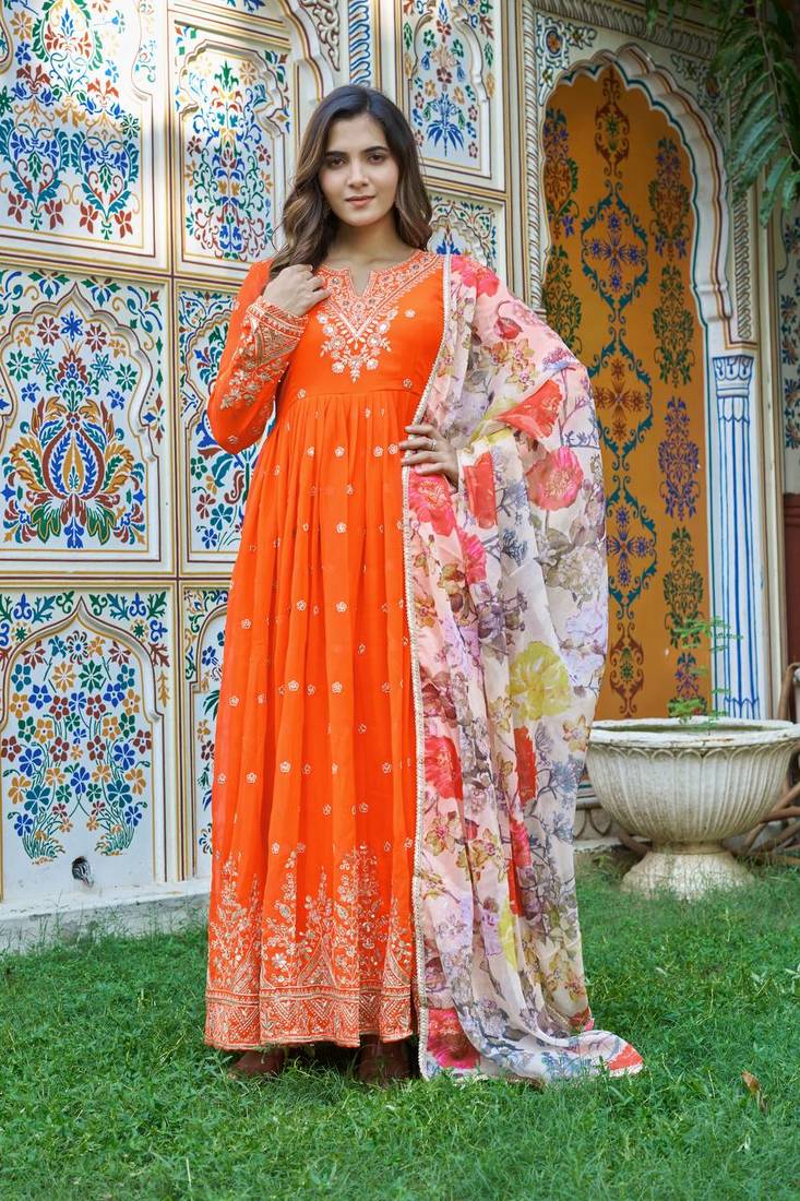 Orange Color Thred With Sequnce Work Georgette Gown Set
