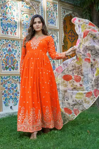 Orange Color Thred With Sequnce Work Georgette Gown Set