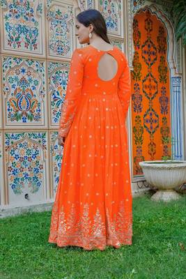 Orange Color Thred With Sequnce Work Georgette Gown Set 3
