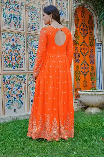 Orange Color Thred With Sequnce Work Georgette Gown Set