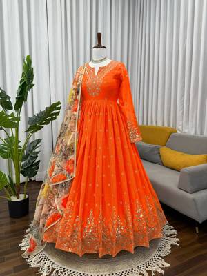 Orange Color Thred With Sequnce Work Georgette Gown Set 4