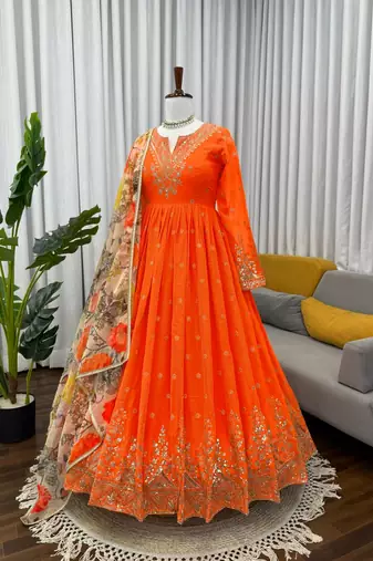 Orange Color Thred With Sequnce Work Georgette Gown Set