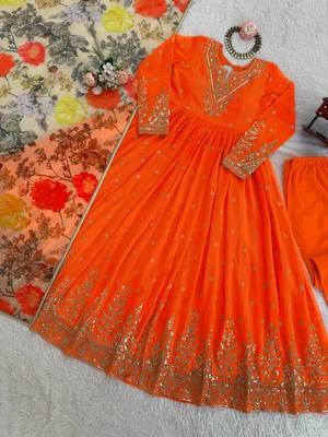 Orange Color Thred With Sequnce Work Georgette Gown Set 5