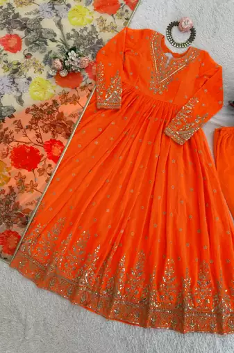 Orange Color Thred With Sequnce Work Georgette Gown Set