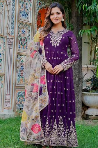 Purple Color Thred With Sequnce Work Georgette Gown Set